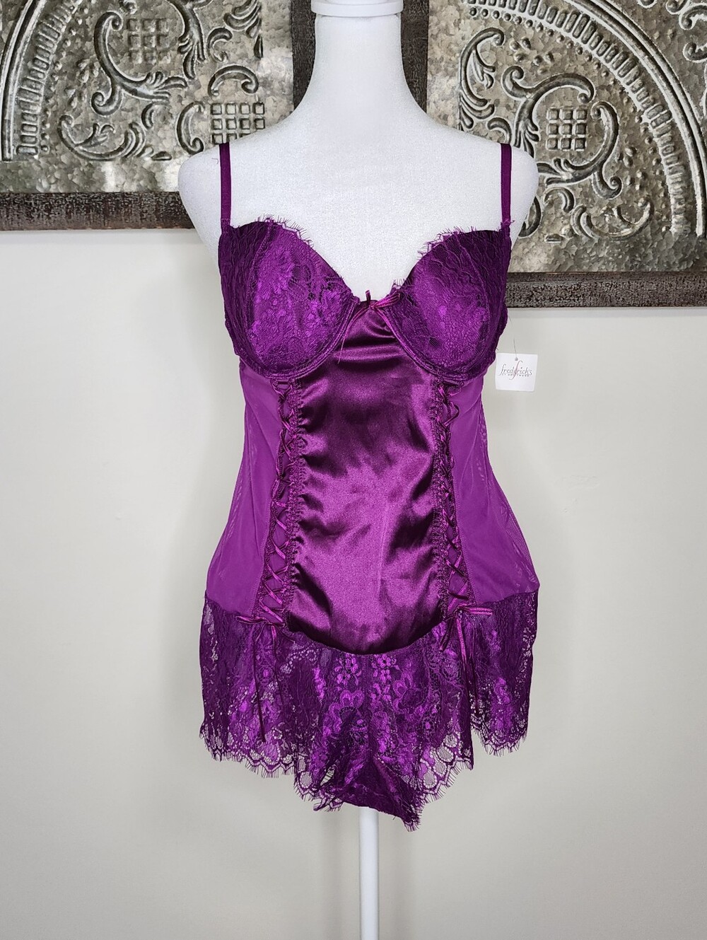 Frederick's Of Hollywood Y2K Mulberry Purple Satin & Lace Lingerie Romper Large